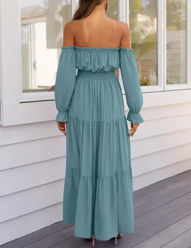 Vista 139 de ZESICA - Vestido largo, bohemio y sexy, con hombros descubiertos y manga larga fruncida, con elástico fruncido, cintura alta y abertura lateral