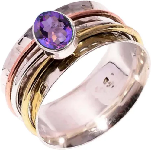 Vista 13 de Anillo giratorio hecho a mano de plata de ley 925 / anillo giratorio martillado / anillo giratorio de 3 tonos/anillo de banda bohemio/anillo