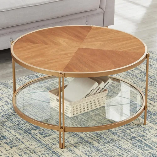 Vista 11 de Mesas de centro redondas de madera para sala de estar, mesa de centro redonda moderna de mediados de siglo con patas de metal dorado, mesa de centro