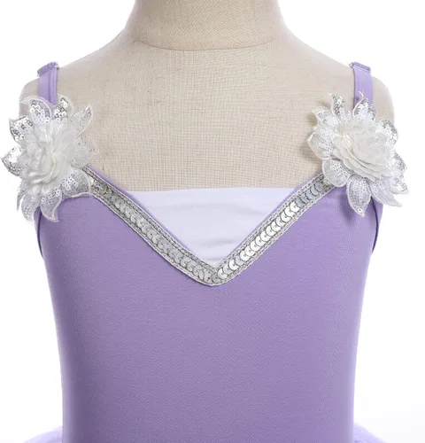Vista 5 de ODASDO Leotardo de ballet para niñas, camisola, faldas tutú, lentejuelas brillantes, bordado de flores, vestido de baile, traje de gimnasia