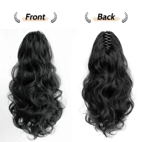 Vista 7 de Extensión de cola de caballo de garra negra natural ondulada de 16 pulgadas, extensiones de cabello sintético rizado con clip, extensiones