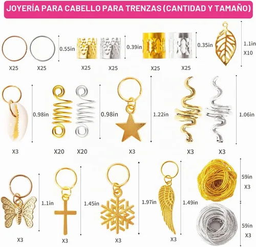 Vista 5 de 230 cuentas de joyería para el cabello, joyas de rastas para mujer, línea de cuerda dorada y plateada, anillos de metal para el cabello, dijes