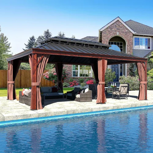 Vista 13 de MUPATER Gazebo para exteriores de 10 x 12 pies, carpa de techo rígido con doble techo, estructura resistente con sistema de drenaje y mosquitera