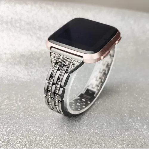 Vista 3 de Bandas compatibles con Fitbit Versa 2/Versa Lite/Versa, pulsera de repuesto con diamantes de imitación de metal para mujer, color negro
