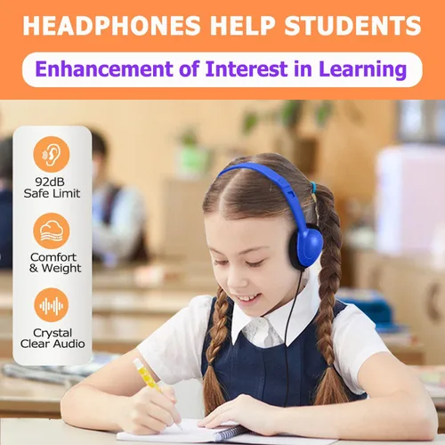 Vista 5 de Paquete de 10 auriculares para niños a granel para el aula escolar, auriculares multicolor con cable para estudiantes, auriculares ajustables