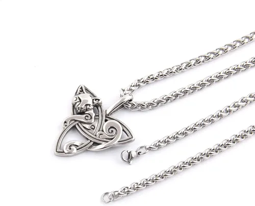 Vista 3 de Triquetra - Collar con colgante de gato con cadena de quilla de acero, con nudo de Trinidad celta y zodíaco para mujeres y hombres, acero