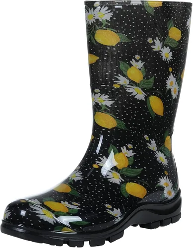 Vista 17 de Asgard Botas de lluvia a media pantorrilla para mujer, botas de goma impermeables estampadas, zapatos cortos de jardín Negro