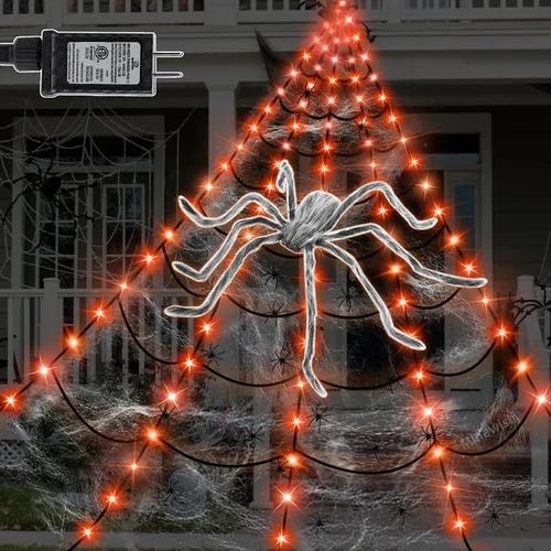 Vista 10 de Decoración de Halloween de telaraña para exteriores, 125 luces LED moradas de 16.4 pies, araña grande de 60 pulgadas, 22 arañas pequeñas y telaraña