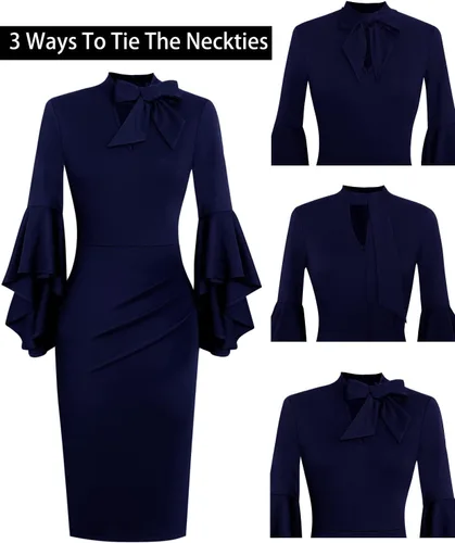 Vista 5 de VFSHOW Womens Bell Sleeve Tie Neck Cocktail Party Bodycon Pencil Dress