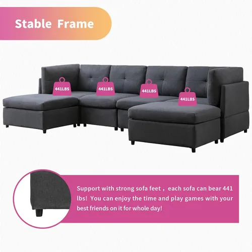 Vista 6 de Sofá modular seccional, sofá convertible en forma de U con otomanas extraíbles, diseño capitoné, sofá modular de 6 asientos para sala de estar, gris