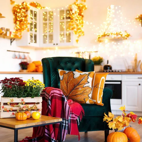Vista 6 de DULEFUN 4 piezas de fundas de almohada de otoño de 18 x 18 pulgadas, hojas de calabaza y arce, decoración de otoño, fundas de almohada para sofá