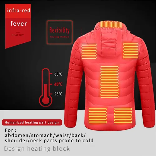 Vista 5 de Chaqueta térmica para mujeres y hombres, chaqueta de invierno cálida a prueba de viento, chaqueta gruesa de plumón mejorada recargable por USB