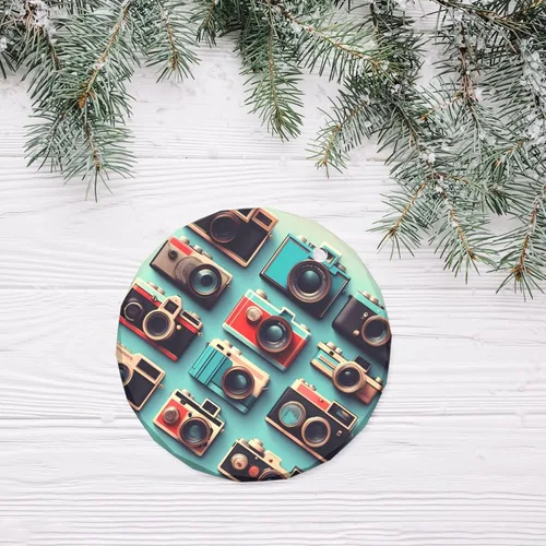 Vista 4 de Retro Cool Camera Collection Print Traditional Check Holiday Ornaments,Round Festive Decor,Hanging Pendant for Christmas Tree