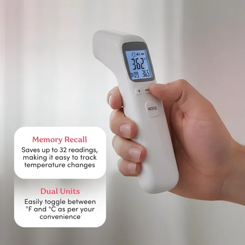 Vista 5 de Smart Med Alert - Termómetro de frente infrarrojo, lectura en 1 segundo, alarma de fiebre, medición sin contacto, memoria de 32 ajustes, 3
