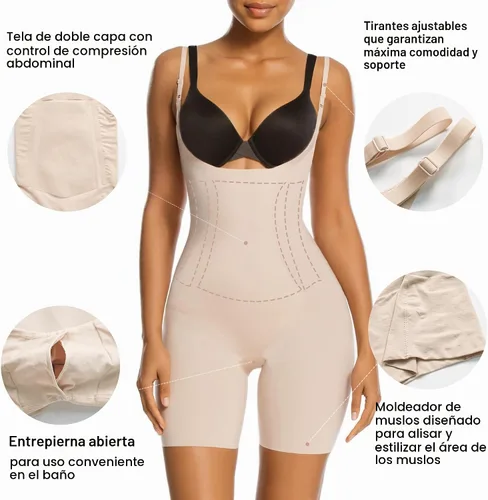 Vista 3 de SHAPERX Women's Shapewear Bodysuit Open Bust Tummy Control Body Shaper with Adjustable Straps Comfortable Mid-Thigh Shorts Beige