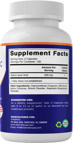 Vista 8 de Vitamatic Ácido Alfa Lipoico (ALA) 600mg Por Porción - 240 Cápsulas Vegetales - 120 Porciones - Sin OGM y Sin Gluten