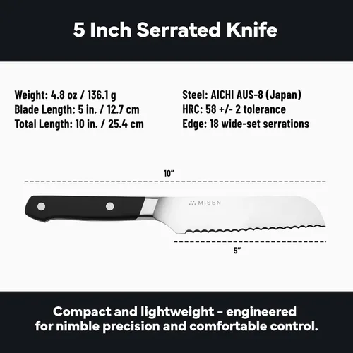 Vista 9 de Misen Cuchillo de Pan Dentado - Acero Japonés AUS8 de Alto Carbono - Perfecto para Alimentos Suaves, Pan, Pasteles y Frutas - Rebanador Versátil