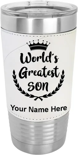 Vista 8 de LaserGram Vaso aislado al vacío de 20 onzas, el hijo más grande del mundo, grabado personalizado incluido (piel sintética, estilo béisbol)