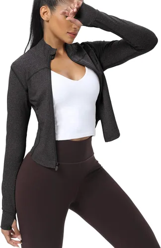 Vista 49 de AVGO Chaquetas de entrenamiento recortadas para mujer, con cremallera, ajustadas, atléticas, con agujeros para el pulgar