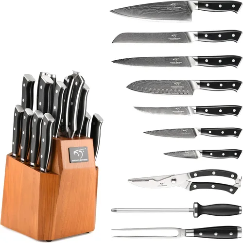 Vista 2 de Juego de cuchillos de cocina, juego de cuchillos de cocina de Damasco de 18 piezas con bloque, mango ergonómico de ABS para juego de cuchillos