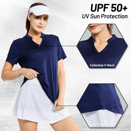 Vista 5 de MIER Polo de golf para mujer, sin cuello, UPF 50+, manga corta, tenis y correr, cuello en V