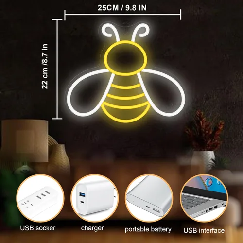 Vista 6 de CoolGift Mart Letrero de neón de abeja - Luz de neón de miel regulable para decoración de pared, decoraciones de fiesta de cumpleaños para el hogar