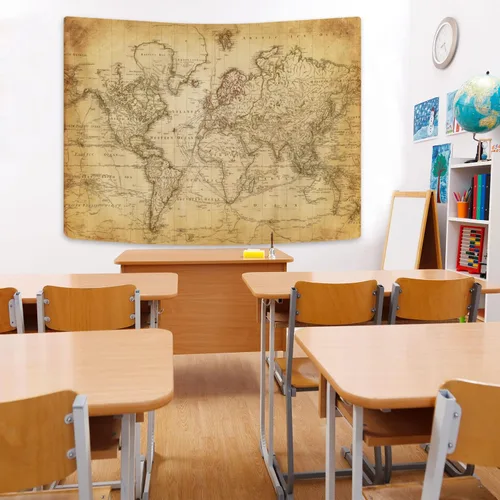 Vista 4 de GOAOK Tapiz de mapa del mundo antiguo, tapiz vintage de distribución geográfica, tapiz para colgar en la pared, póster de mapa mundial educativo