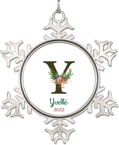 Vista 30 de Monograma inicial letra A copo de nieve, adorno de bayas de pino de Navidad para decoración de árbol de Navidad, adornos de Navidad personalizados