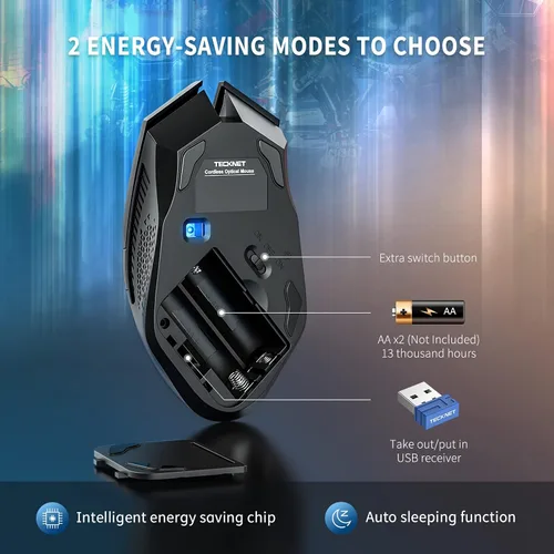 Vista 6 de TECKNET Mouse inalámbrico para juegos, mouse inalámbrico de computadora de 4800 DPI con 8 botones, mouse ergonómico de 2.4 GHz para PC y computadora