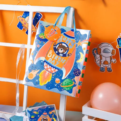 Vista 4 de LeZakaa Bolsa de regalo de cumpleaños de 13 pulgadas, bolsa de regalo mediana de papel de aluminio metálico con papel de seda, etiqueta de regalo