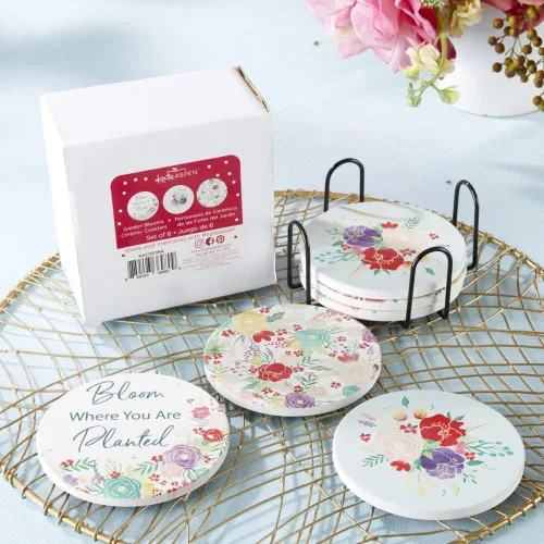Vista 5 de Kate Aspen Garden Blooms - Posavasos de cerámica con soporte (juego de 6), decoración bohemia para el hogar y juego de regalo, recuerdo de fiesta