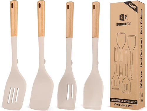 Vista 9 de Juego de 4 utensilios de cocina de silicona, espátulas sólidas antiadherentes y cucharas ranuradas resistentes al calor con mango de madera