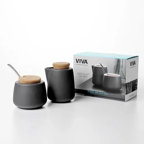 Vista 2 de Viva Nicola Juego de Cremera y Azúcar de Carbón – Cremera de Café de Porcelana y Azucarero con Tapa de Corcho y Cuchara, 7oz / 200ml Juego de Leche