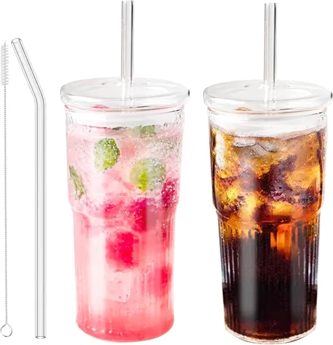 Vista 13 de JunVpic Tazas de vidrio con tapas y popotes, ámbar 20 OZ. Vasos para agua helada, zumo, té, leche, batido y bebidas frías o calientes, juego de 2