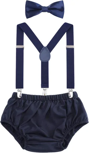 Vista 20 de AWAYTR Conjunto de bombones para bebé niño con tirantes y pajarita para fiesta de primer cumpleaños Beige