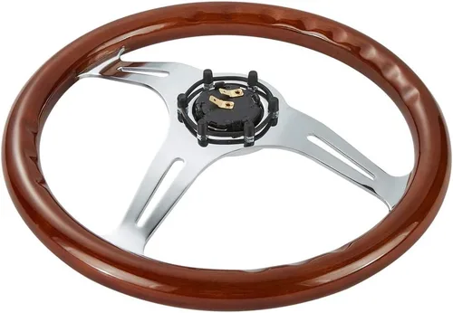 Vista 4 de Volante universal Kyostar de 14 pulgadas, estilo clásico y de nostalgia, de grano de madera, color plateado, con botón de bocina