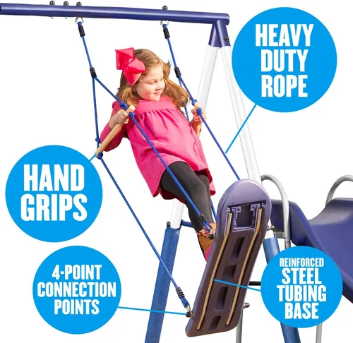 Vista 2 de XDP Recreation Surf N Swing - Juego de columpio y juego de 5 estaciones de acero pintado para niños con tobogán ondulado, protectores de piernas
