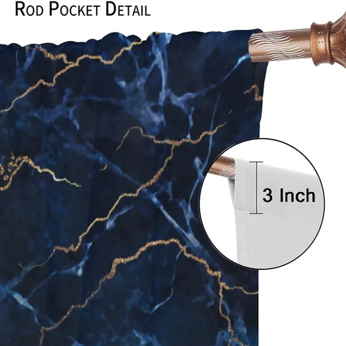 Vista 6 de Cortinas abstractas de mármol de lujo de lujo azul marino dorado a rayas con patrón de mármol estampado para dormitorio, sala de estar, cortinas