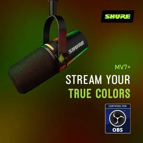 Vista 7 de Shure MV7+ - Micrófono dinámico para podcast con soporte, certificado OBS, audio mejorado, panel LED, salidas USB-C y XLR, modo de nivel automático