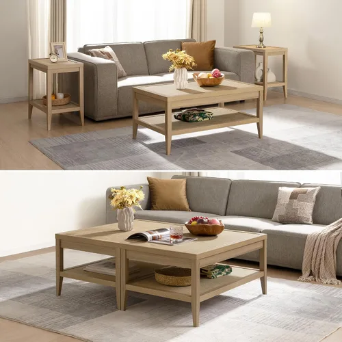 Vista 9 de SICOTAS - Mesa de café de ratán para sala de estar - Mesa central de comedor rectangular de estilo bohemio con estante de almacenamiento de ratán