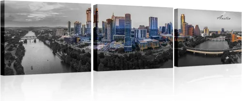 Vista 28 de 3 paneles de Atlanta Skyline vista de la ciudad en blanco y negro, imágenes panorámicas de edificio de ciudad, decoración de pared para sala