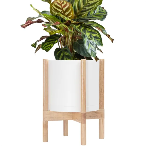 Vista 48 de Maceta de D'vine Dev con soporte - Maceta de flores de cilindro de plástico de 8.0 pulgadas con soporte de madera para interiores, maceta mate negra