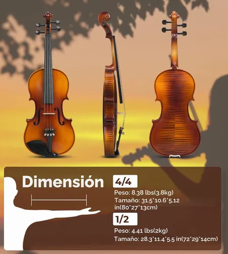 Vista 5 de Vangoa Kit de violín acústico 1/2, violín profesional de madera maciza, tapa de abeto, patrón único de madera de arce a juego, ajuste de ébano