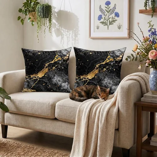 Vista 6 de Yobvec Juego de 2 fundas de almohada de 18 x 18 pulgadas, color negro dorado y gris, fundas de cojín decorativas de mármol abstracto, decoración