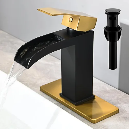 Vista 10 de Grifo de baño cascada negro – Grifo de lavabo de baño de una sola manija negro mate de 1 o 3 agujeros Grifo de tocador sólido de un solo orificio