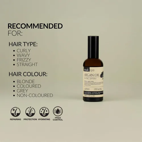 Vista 4 de MUK. Haircare Spa Argan Oil Repair Shine Spray - 3.4 fl oz Heat protection spray with argan oil that helps control frizz, enhances shine, and