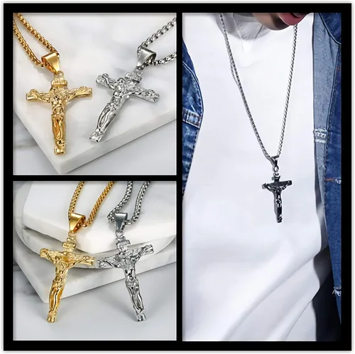 Vista 6 de Axmerdal Collar de cruz de acero inoxidable con crucifijo de Jesucristo cruz de oración del Señor para hombres y mujeres cadena de caja de 24 iNCH
