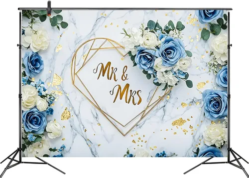 Vista 4 de LB Telón de fondo de boda de señor y señora de 5 x 3 pies, diseño floral de rosa blanca y azul, para fotografía de pareja, boda, fiesta, pancarta