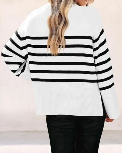 Vista 5 de KIRUNDO Suéteres de otoño de gran tamaño de punto a rayas para mujer, ropa de moda, cuello redondo, suéter de invierno con abertura lateral
