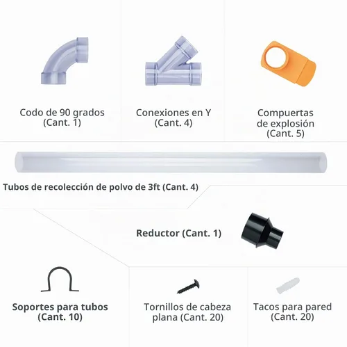 Vista 2 de POWERTEC 70304 Red de accesorios para recolección de polvo de 2-1/2" con reductor, puertas de chorro, tuberías, conector de codo de 90 grados